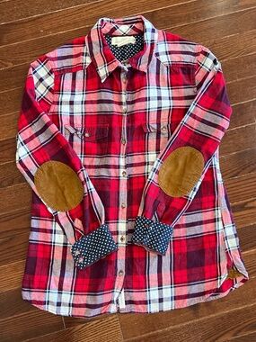 H&M LOGG Red Plaid Flannel Shirt Elbow Patch Countryside‎ Classics Sz 8